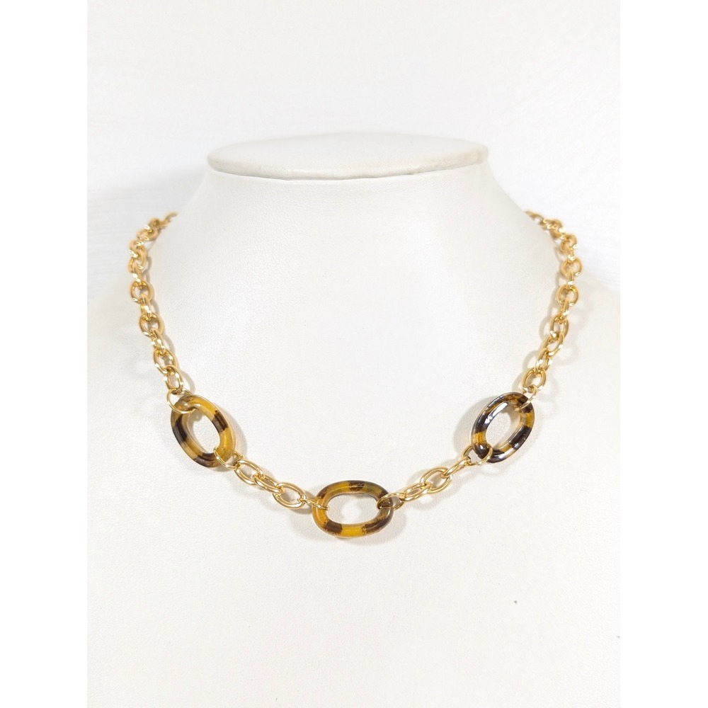 Gold Tone Faux Tortoise Oval Link Necklace‎ Retro Chain Layering 17.5in